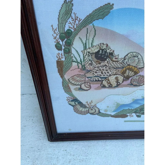 Something Special Ocean Beach Shell Scene Cross Stitch Kit Completed Frame 22x19 - Picture 6 of 9